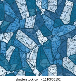 Seamless editable color pattern. The texture is made in camouflage style. The pentagons are divided into three parts. Above the figure, a chaotic network consisting of squares is superimposed.
