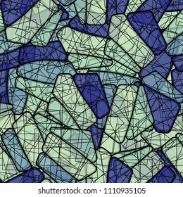 Seamless editable color pattern. The texture is made in camouflage style. The pentagons are divided into three parts. Above the figure, a chaotic network consisting of squares is superimposed.