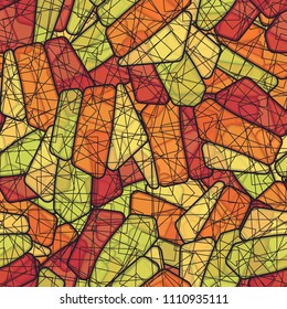 Seamless editable color pattern. The texture is made in camouflage style. The pentagons are divided into three parts. Above the figure, a chaotic network consisting of squares is superimposed.