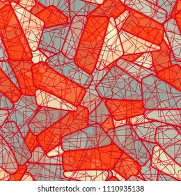 Seamless editable color pattern. The texture is made in camouflage style. The pentagons are divided into three parts. Above the figure, a chaotic network consisting of squares is superimposed.