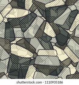 Seamless editable color pattern. The texture is made in camouflage style. The pentagons are divided into three parts. On the surface there are diagonally drawn squares.