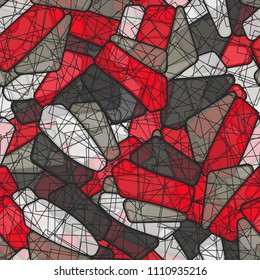 Seamless editable color pattern. The texture is made in camouflage style. The pentagons are divided into three parts. Above the figure, a chaotic network consisting of squares is superimposed.