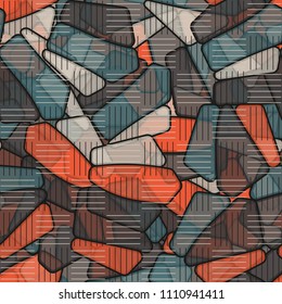 Seamless editable color pattern. The texture is made in camouflage style. The pentagons are divided into three parts. In the figure there is a network of striped squares arranged in staggered order.
