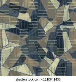 Seamless editable color pattern. The texture is made in camouflage style. The pentagons are divided into three parts. In the figure there is a network of striped squares arranged in staggered order.