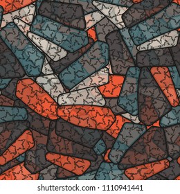Seamless editable color pattern. The texture is made in camouflage style. The pentagons are divided into three parts. The painting shows the battered five-pointed stars located chaotically.