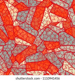 Seamless editable color pattern. The texture is made in camouflage style. The pentagons are divided into three parts. The painting shows the battered five-pointed stars located chaotically.