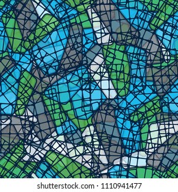 Seamless editable color pattern. The texture is made in camouflage style. The pentagons are divided into three parts. In the figure there are chaotically located square fragments of networks.