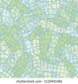 Seamless editable color pattern. The texture is made in camouflage style. The pentagons are divided into three parts. In the figure there are chaotically located square fragments of networks.