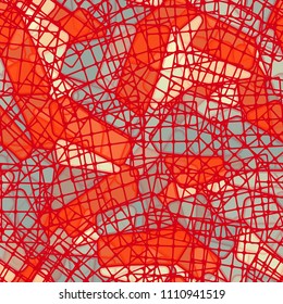 Seamless editable color pattern. The texture is made in camouflage style. The pentagons are divided into three parts. In the figure there are chaotically located square fragments of networks.