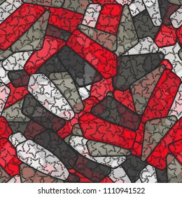 Seamless editable color pattern. The texture is made in camouflage style. The pentagons are divided into three parts. The painting shows the battered five-pointed stars located chaotically.