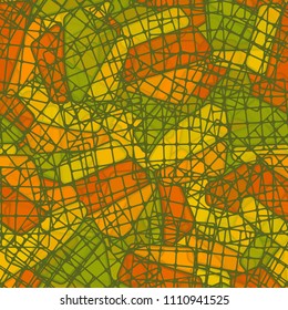 Seamless editable color pattern. The texture is made in camouflage style. The pentagons are divided into three parts. In the figure there are chaotically located square fragments of networks.