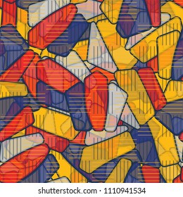 Seamless editable color pattern. The texture is made in camouflage style. The pentagons are divided into three parts. In the figure there is a network of striped squares arranged in staggered order.