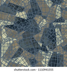 Seamless editable color pattern. The texture is made in camouflage style. The pentagons are divided into three parts. In the figure there are chaotically located square fragments of networks.
