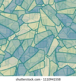 Seamless editable color pattern. The texture is made in camouflage style. The pentagons are divided into three parts. In the figure there is a network of striped squares arranged in staggered order.