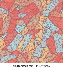 Seamless editable color pattern. The texture is made in camouflage style. The pentagons are divided into three parts. The painting shows the battered five-pointed stars located chaotically.