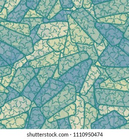 Seamless editable color pattern. The texture is made in camouflage style. The pentagons are divided into three parts. The painting shows the battered five-pointed stars located chaotically.