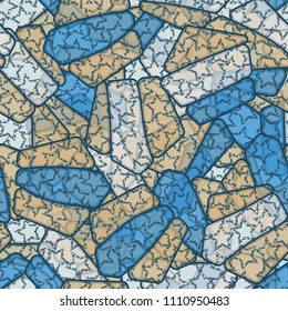 Seamless editable color pattern. The texture is made in camouflage style. The pentagons are divided into three parts. The painting shows the battered five-pointed stars located chaotically.