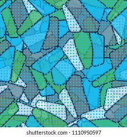 Seamless editable color pattern. The texture is made in camouflage style. The pentagons are divided into three parts. A network of small squares is thrown on the picture.