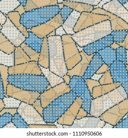 Seamless editable color pattern. The texture is made in camouflage style. The pentagons are divided into three parts. A network of small squares is thrown on the picture.