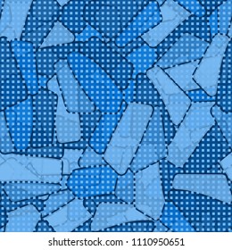 Seamless editable color pattern. The texture is made in camouflage style. The pentagons are divided into three parts. A network of small squares is thrown on the picture.