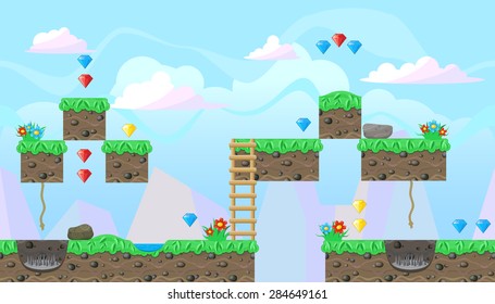 Seamless editable horizontal background with gems and flowers for platform game