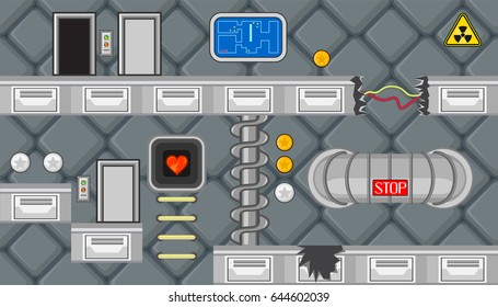 Seamless editable horizontal indoor background with blue screen and spiral staircase for platform game