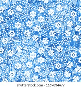 Seamless editable ice color pattern.
In the foreground of the picture are drawn large and small snowflakes.