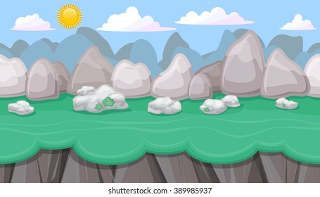 Seamless editable mountainous horizontal background with round stones and cliffs for video game