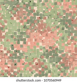Seamless editable pattern. Camouflage covered with a grid of squares drawn diagonally.