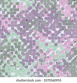 Seamless editable pattern. Camouflage covered with a grid of squares drawn diagonally.