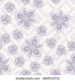 Seamless editable pattern. Checkered background. Six-color texture. Fictitious flowers.