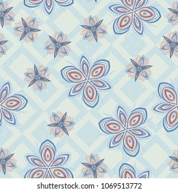 Seamless editable pattern. Checkered background. Six-color texture. Fictitious flowers.