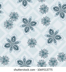 Seamless editable pattern. Checkered background. Six-color texture. Fictitious flowers.
