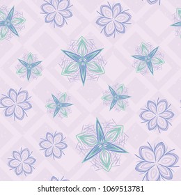 Seamless editable pattern. Checkered background. Six-color texture. Fictitious flowers.