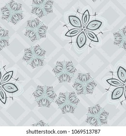 Seamless editable pattern. Checkered background. Six-color texture. Fictitious flowers.