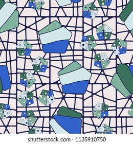 Seamless editable pattern consisting of broken pentagons.
Against the background there is a texture in the form of a grid consisting of divided squares.