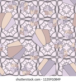 Seamless editable pattern consisting of broken pentagons.
Against the background there is an openwork network of square shapes.
