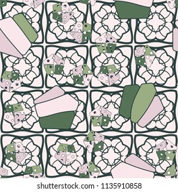 Seamless editable pattern consisting of broken pentagons.
Against the background there is an openwork network of square shapes.