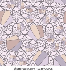 Seamless editable pattern consisting of broken pentagons.
Against the background there is a texture consisting of five-pointed openwork stars.