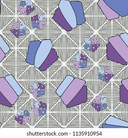 Seamless editable pattern consisting of broken pentagons.
Against the background there is a pattern of wavy lines forming a rhombuses.