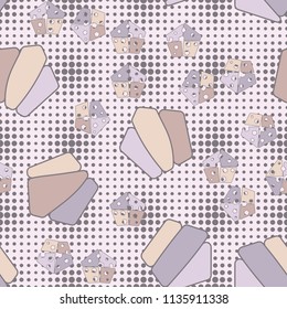 Seamless editable pattern consisting of broken pentagons.
Against the background, there is a texture of rows of round spots of varying sizes.