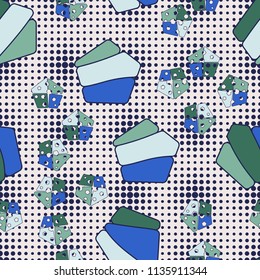 Seamless editable pattern consisting of broken pentagons.
Against the background, there is a texture of rows of round spots of varying sizes.