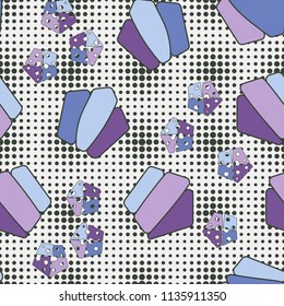 Seamless editable pattern consisting of broken pentagons.
Against the background, there is a texture of rows of round spots of varying sizes.