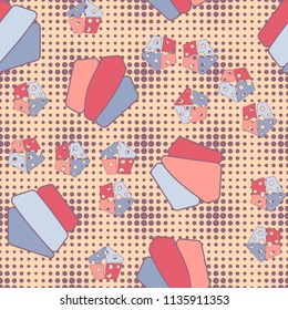 Seamless editable pattern consisting of broken pentagons.
Against the background, there is a texture of rows of round spots of varying sizes.