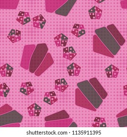 Seamless editable pattern consisting of broken pentagons.
Against the background, there is a texture of rows of round spots of varying sizes.