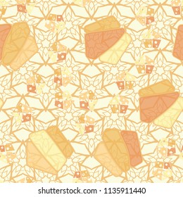 Seamless editable pattern consisting of broken pentagons.
Against the background there is a texture consisting of five-pointed openwork stars.