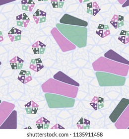 Seamless editable pattern consisting of broken pentagons.
Against the background there is a texture consisting of five-pointed openwork stars.