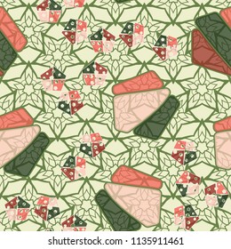 Seamless editable pattern consisting of broken pentagons.
Against the background there is a texture consisting of five-pointed openwork stars.