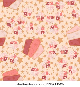 Seamless editable pattern consisting of broken pentagons.
Against the backdrop there is a texture of five-pointed stars forming circles.