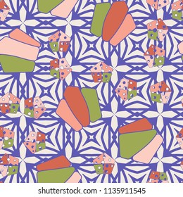 Seamless editable pattern consisting of broken pentagons.
Against the backdrop there is a texture of repetitive four-sided figures.